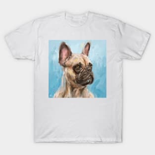 Loose Thick Oil Painting of a French Bulldog on Light Blue Background T-Shirt